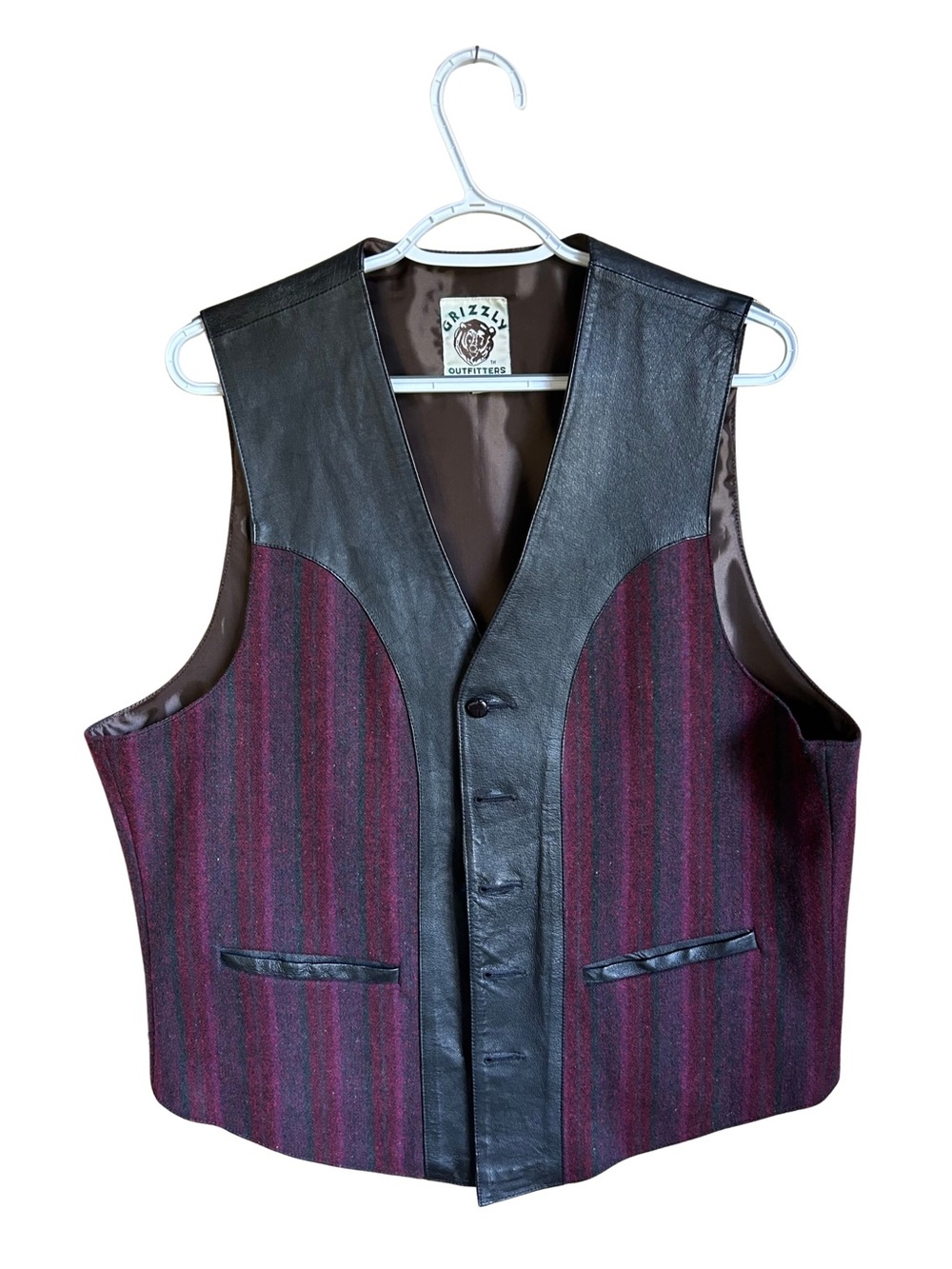Grizzly Outfitters Men's Burgundy Striped Leather-Trim Vest